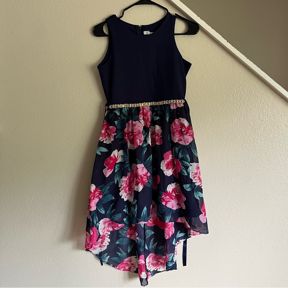 Navy and pink floral dress with sparkly belt
